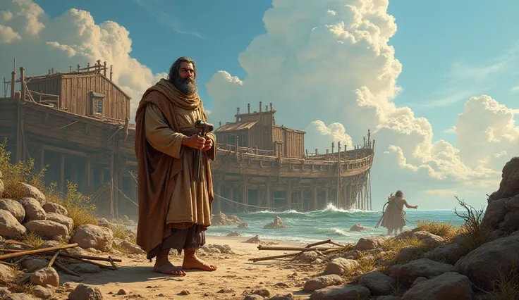 Noah building the ark , with tools in hand and a clear sky (BEFORE THE FLOOD).  