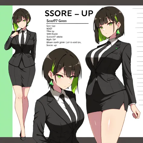 masterpiece, (((( best quality )))),character profilele,shiny skin, wearing a black suit,skirt suit, black tie , dark hair, short bob hair,The inner color of the hair is green, green eyes,isosceles triangle earrings,big breasts