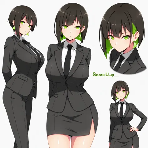 masterpiece, (((( best quality )))),character profilele,shiny skin, wearing a black suit,skirt suit, black tie , dark hair, short bob hair,The inner color of the hair is green, green eyes,isosceles triangle earrings,big breasts