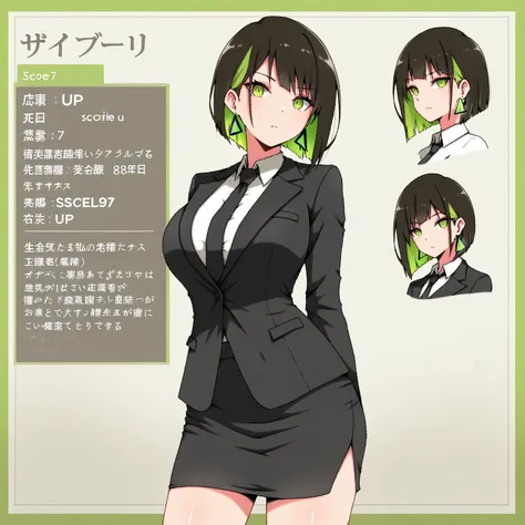 masterpiece, (((( best quality )))),character profilele,shiny skin, wearing a black suit,skirt suit, black tie , dark hair, short bob hair,The inner color of the hair is green, green eyes,isosceles triangle earrings,big breasts