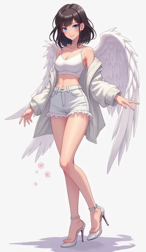 Anime clothes 
Shirt: Small white without sleeves, revealing a waist area 
Blids: White 
Jacket: on two shoulders 
Heel shoes 