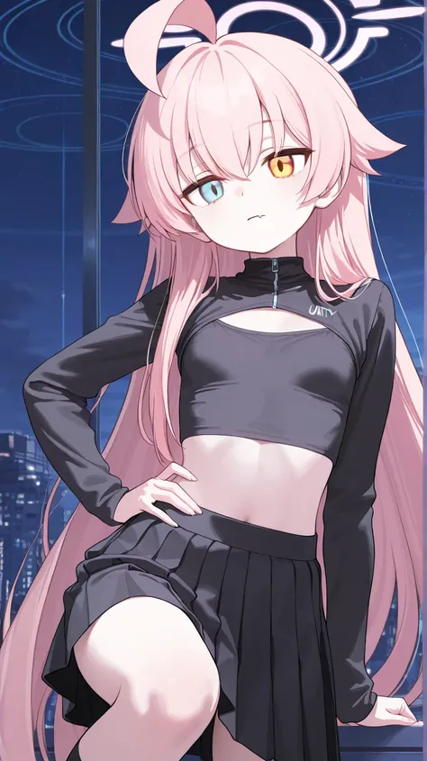 (Extremely detailed 8k unity CG wallpaper), Blue Archive, Hoshino Takanashi, pink hair, heterochromia of blue (right) and orange (left) eyes, solo, fang, anatomically correct, small breast (clothed),(soft dark) straight long hair, closed mouth, emotionless...