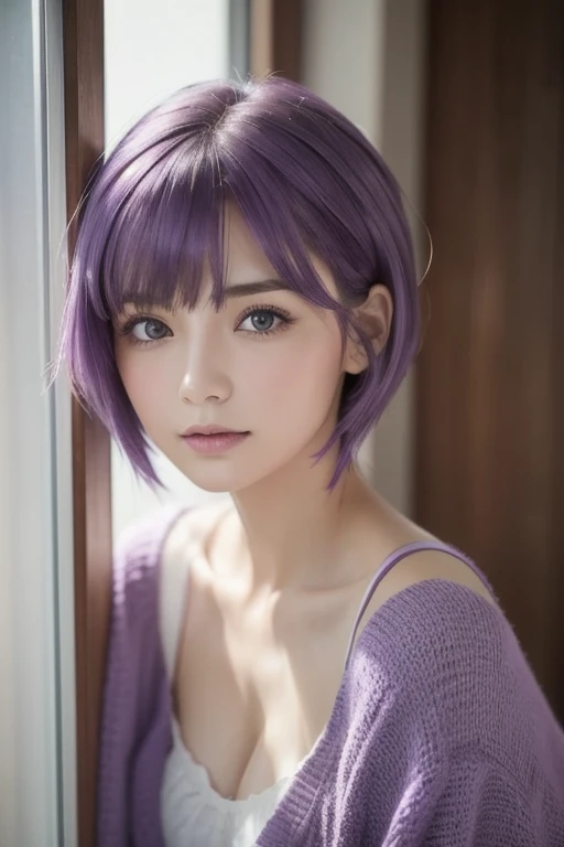  1 girl, 20age women, Masterpiece, spouse, goddess, short hair ,(( purple hair)),glass