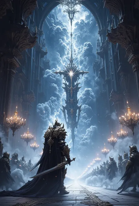  Fantasy ( the priest facing here wears white light armor and cloak、It emits the magic of thunder from the sword 、) Shine,   with a 3-story complex structure 、 and the beautiful huge ancient cathedral 、 with the devil worship statue .  Luxurious Chandelier...