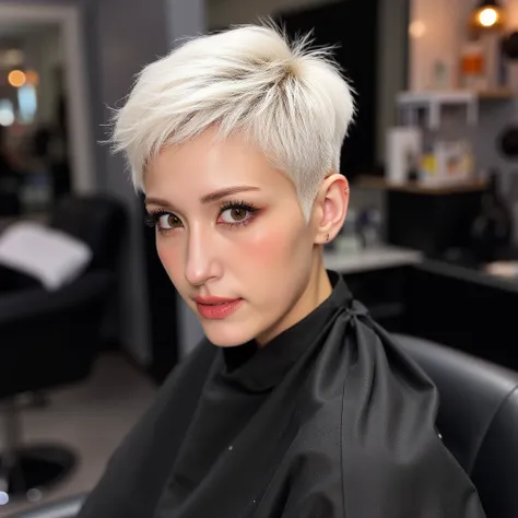  JEON SOMI, asia woman, A meticulously Military Very extreme short Pixie high fade haircut , featuring sharp, clean edges and a seamless blend from the skin fade on the sides to the textured, flat top. The top section is styled with a modern Pixie, showcas...