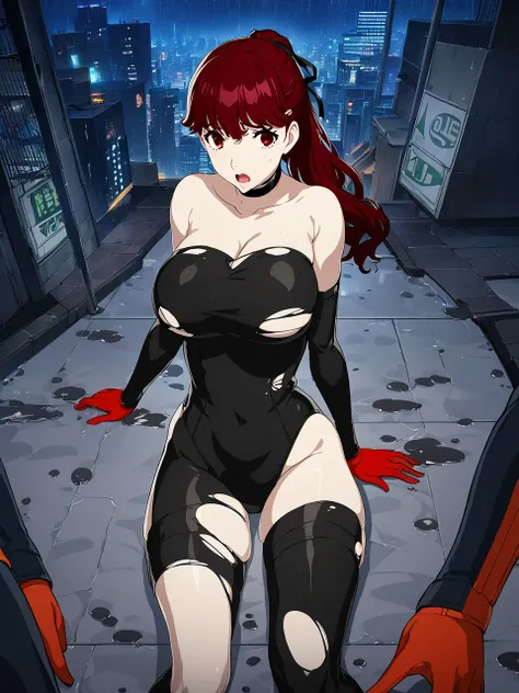 dsviolet, red hair, long hair, ponytail, red eyes, black ribbon, hair ribbon, black leotard, jacket, thigh boots, choker, frilled sleeves, coattails, red gloves, 1girl, solo
BREAK
standing, futuristic city, neon lights, rooftop, night, looking at viewer, d...