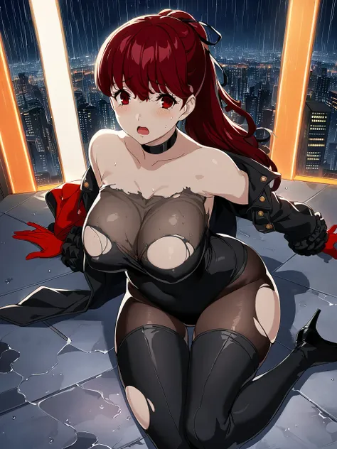 dsviolet, red hair, long hair, ponytail, red eyes, black ribbon, hair ribbon, black leotard, jacket, thigh boots, choker, frilled sleeves, coattails, red gloves, 1girl, solo
BREAK
standing, futuristic city, neon lights, rooftop, night, looking at viewer, d...