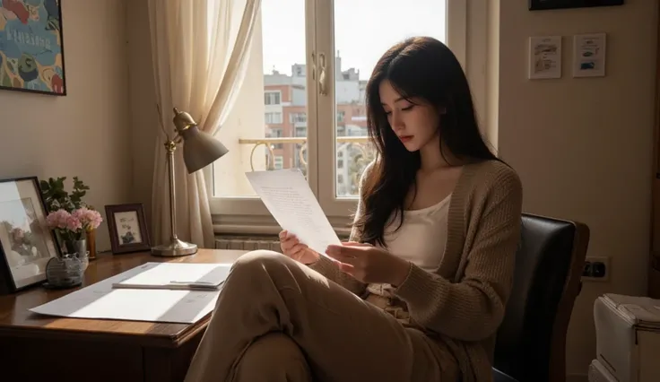 whole body、Brighten a Woman 、Spain、Inside an apartment in Madrid 、 reading a letter to her desk by the window、長い黒髪の美しいSpain人女性、 casual outfit、 as shown in the picture