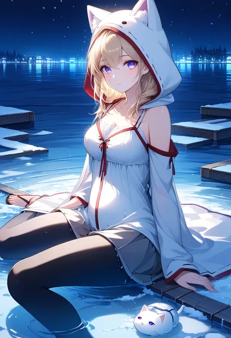 High Resolution, High Quality, High Detail, frozen dock, night, 1girl, blonde hair, violet eyes, medium breasts, white cat hood, white cloak, white camisole with red trim, grey skirt, black leggings, sandals, looking at viewer, arms behind back, reaching f...