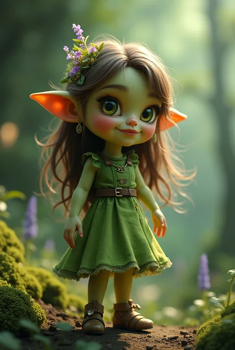 Green female gnome,  brown hair earring, of dress, one is magic,  whole body  