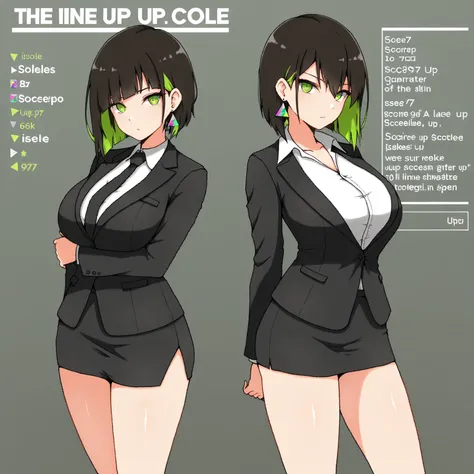 masterpiece, (((( best quality )))),character profilele,shiny skin, wearing a black suit,skirt suit, black tie , dark hair, short bob hair,The inner color of the hair is green, green eyes,isosceles triangle earrings,big breasts