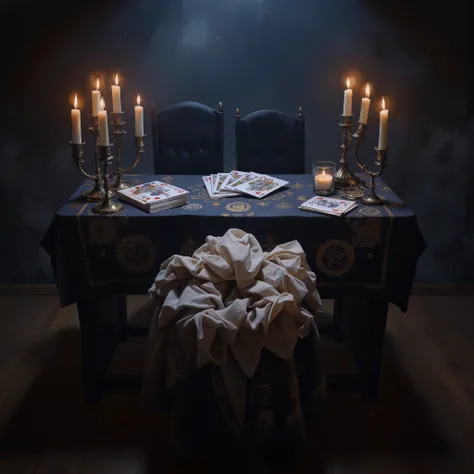 witch,  magini customer desk,  mystical atmosphere ,  in a cinematic style ,  modern decor ,  playing cards , witch symbol , candles, symbols on the tablecloth , magic energy in the air , two chairs and a table ,  maximum detail , 8k