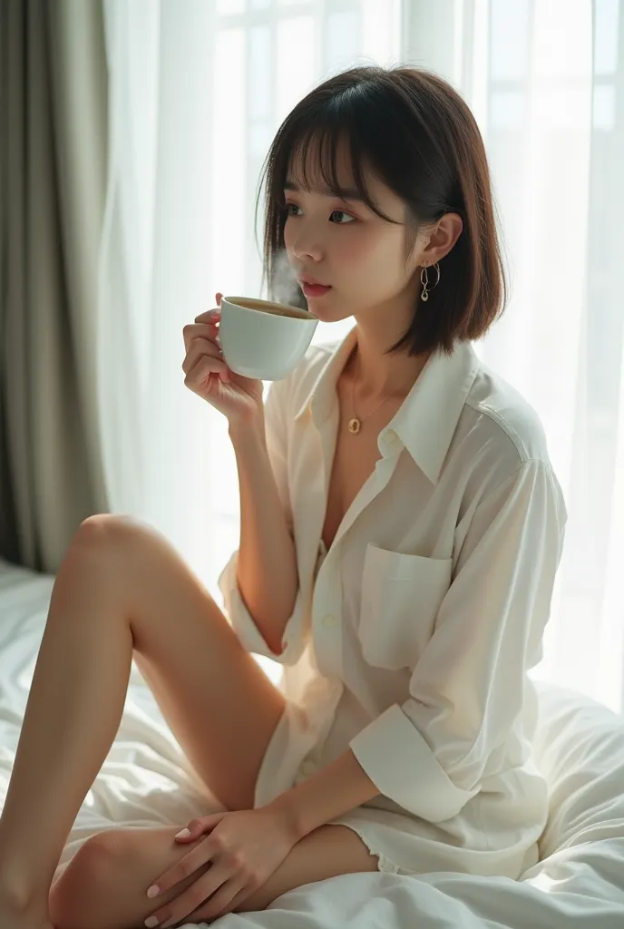  The most beautiful Japanese  girl in the world is sitting with her legs spread out on the bed,bright stylish room , open button shirt,Slender and slim figure,Petite,delicate, skinny, supermodel in her wet 20s, skinny, White Beautiful Skin , small breasts ...