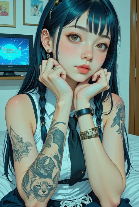  manga style:1.51,   anatomically accurate  :1.5,  Close up of a young woman with a cat tattoo on her arm,Bedroom bed on ，  Close up of a young woman with blue hair long enough to reach her eyebrows  ， Light Eyes ,   surrealist pop  ,   looking at the Came...