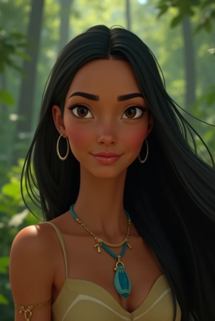 Realistic Pocahontas character in HD.  A young woman of indigenous origin in a lush forest,  with delicate and characteristic features .  Her face has a softly rounded shape ,  with high and well-defined cheekbones . Her slightly slanted eyes ,  similar to...