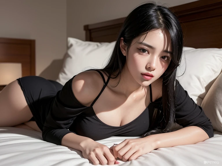   top quality,    Masterpiece ,     super high resolution , (  Photorealistic:1.4),   RAW photos in the loop ,    1 Girl Yonning Sleeps In Bed ,,   black hair,  Dramatic Lighting, whole body,   Bitch, Cover your chest with your hands ！, Look Away！、Don&#39;...