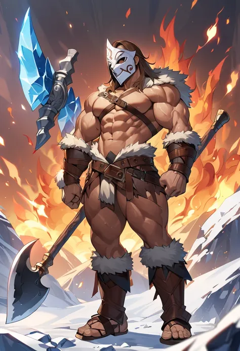 English barbarian warrior, man, long dark blonde hair, bodybuilder physique, fire axe and ice axe, white mask, 8k high definition