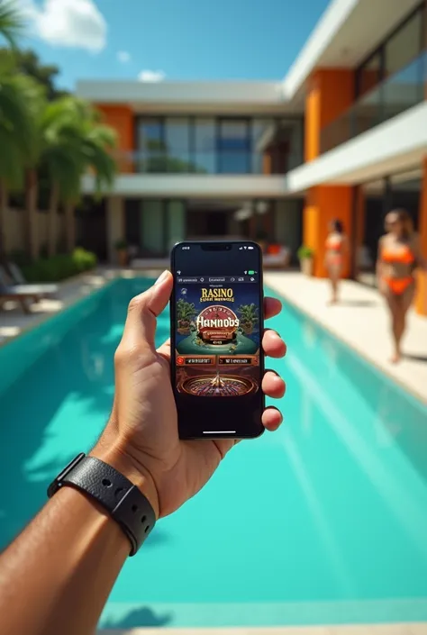 Pov hand of a man holding cell phone and a casino game on the screen in the background of a swimming pool of a modern mansion in Rio de Janeiro with some girls in orange bikinis 