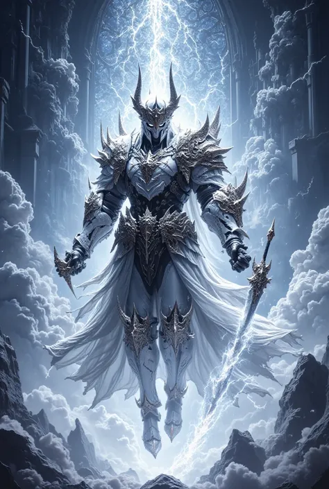  Fantasy ( A cool white devil priest wears white light armor and cloak、A scene where you jump high and shoot lightning magic from a sword) Shine,  very beautiful stained glass    ,  very detailed,   intricate patterns  ,  ( blue sky)   Digital Painting    ...