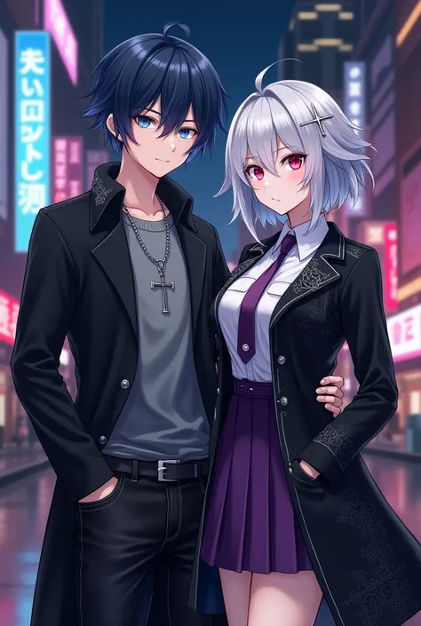 (masterpiece,best quality,ultra detailed、HD)couple、 1boy、Standing on the left side、short cut hair、black color hair(inner color blue)、blue eyes、black coat、gray shirt(silver cross necklace)、denim long pants、1girl、Standing on the right side、bob hair、silver co...