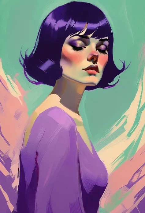 chiaroscuro technique on sensual illustration of an elegant queen (((short hair with bangs:1.4、Beautiful bangs) , vintage ,silky dress, matte painting, by John Singer Sargent, by Harumi Hironaka, extremely soft colors, dark vibrant, purple pastel, highly d...