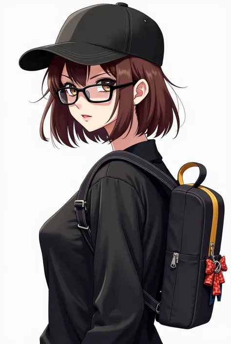 Create a character brown hair black cap lenses black shirt backpack women's anime type backpack