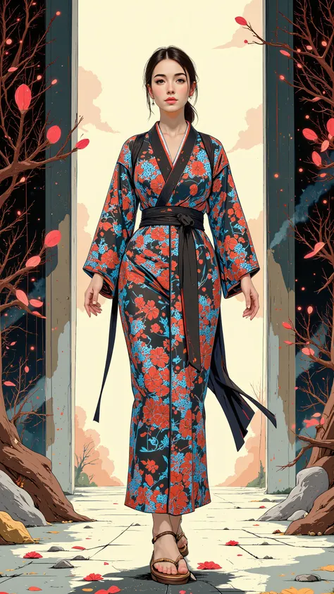 Vexel art, flat, minimalist: woman with kimono, strong outlines(contorno)