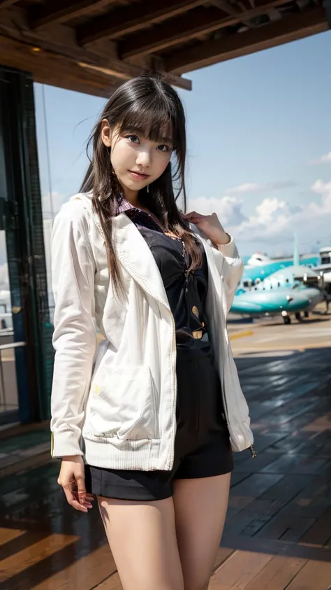 A beautiful, 24-year-old Japanese woman with perfect anatomy, healthy thighs, beautiful legs, beautiful skin, random hair color and style, large breasts, (wearing a flight attendant uniform with a mini-skirt:1.3), (she is standing:1.2), full body shot, pum...