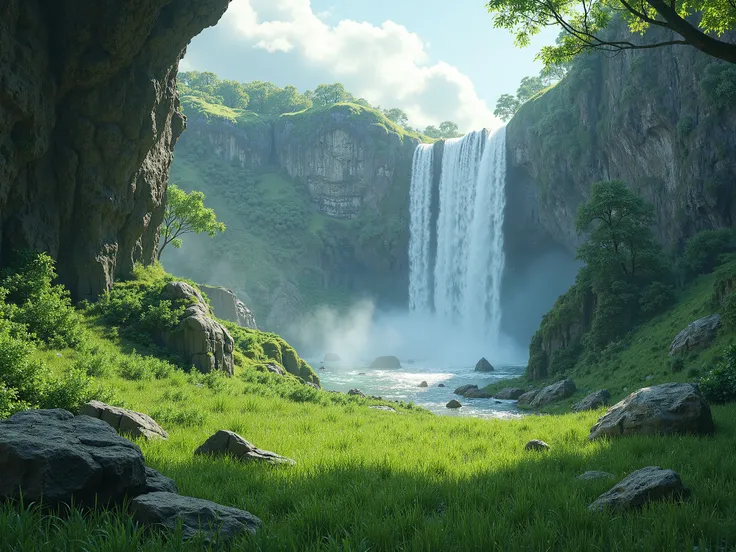 Landscape with waterfalls, beautiful rock protruding with green grass to sit in the dew of the jump