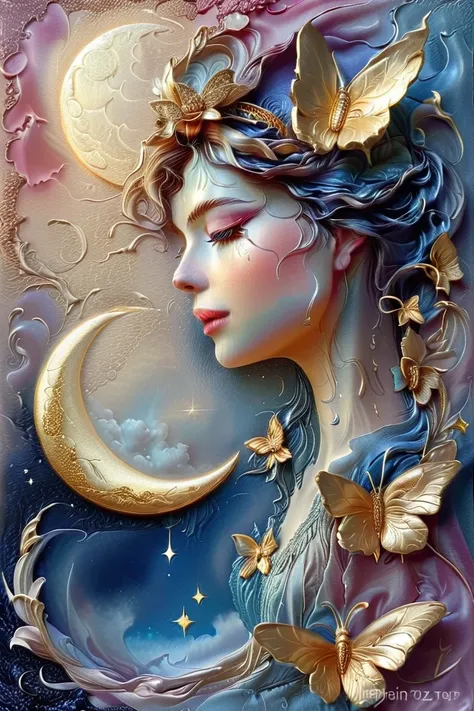 Ethereal celestial being sleeping on ornate crescent moon, intricate golden patterns on moon surface, soft glowing light, flowing liquid-like fabric draping over moon edge, midnight blue and sparkling gold color palette, star-studded cosmic sky, single bir...