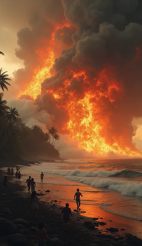 "The Tsunami of Fire: Krakatoa’s Deadly Waves"
A giant, fiery tsunami crashing onto a tropical shoreline. The water is mixed with glowing embers and debris from destroyed villages. People are seen running in panic as the monstrous wave engulfs everything i...