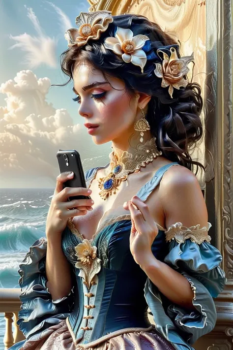 Woman in Victorian-style dress, intricate corset bodice, gold detailing, blue gemstones, taking selfie with black smartphone, elaborate curled hairstyle, pearl hair accessories, white flower in hair, dramatic ocean background, crashing waves, cloudy sky, c...