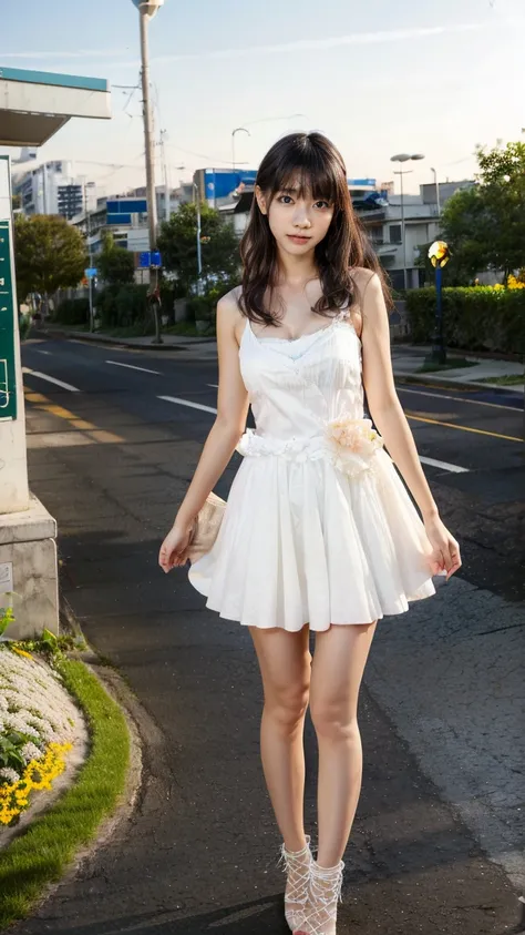 a beautiful young Japanese woman, 24 years old, with healthy thighs, beautiful legs, flawless skin, random hair color and hairstyle, large breasts, a hostess wearing a hostess dress, high heels, (she is standing:1.2), full body shot, holding a purse in one...