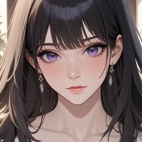  a girl,  Long hair, Obsidian-black hair,  without bangs, Shiny hair,  wavy hair, light smile, light blush, vibrant purple eyes,  tender look, cute,  big eyes