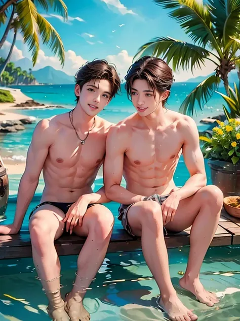  Highest quality image of two young men on a beach knee-deep in water..  Two handsome young men swimming in the sea , completely naked with  beautiful  strings,  beautiful  green beach with palm trees and flowers,  beautiful  ,  smile , friends  . Highest ...