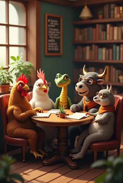 Make two chickens, um cobra, a toad, an ox and a cow all sitting in a book club at the coffee shop and laughing