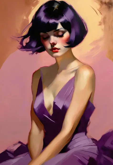 chiaroscuro technique on sensual illustration of an elegant queen (((short hair with bangs:1.4、Beautiful bangs) , vintage ,silky dress, matte painting, by John Singer Sargent, by Harumi Hironaka, extremely soft colors, dark vibrant, purple pastel, highly d...