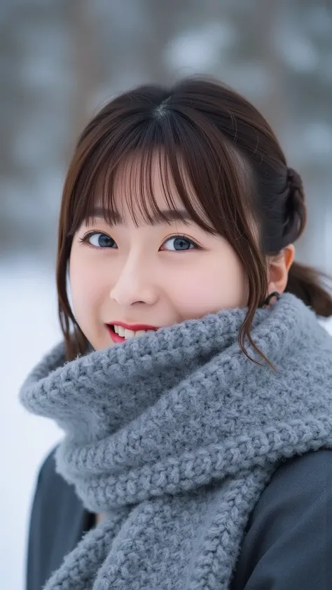  Winter landscape ,(( to show only your face 、  face up ))、( is present、  Photorealistic、  Super Detail、 Sold in bulk only  、 top quality、​masterpiece、   super high resolution)、  cute Japanese woman 、、  Female Adult、、 light makeup、 one girl、 has bangs、doub...