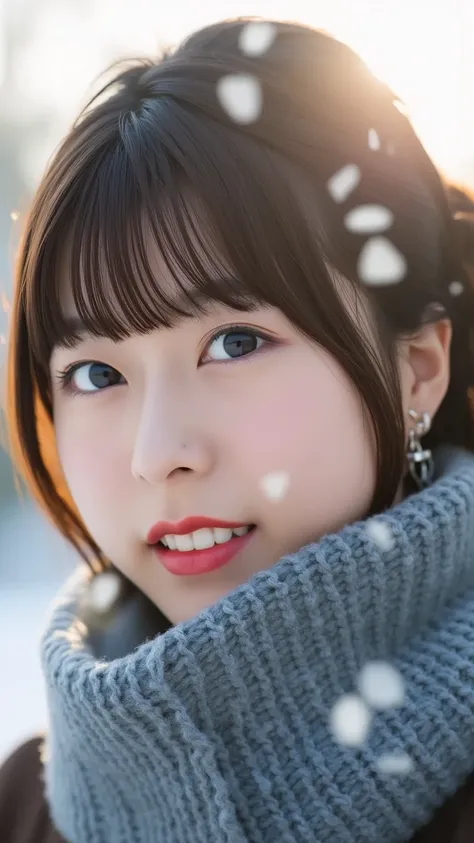  Winter landscape ,(( to show only your face 、  face up ))、( is present、  Photorealistic、  Super Detail、 Sold in bulk only  、 top quality、​masterpiece、   super high resolution)、  cute Japanese woman 、、  Female Adult、、 light makeup、 one girl、 has bangs、doub...