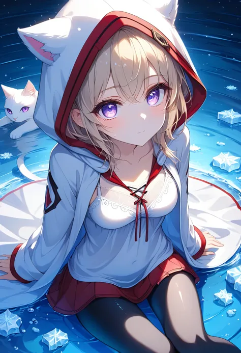 High Resolution, High Quality, High Detail, frozen dock, night, 1girl, blonde hair, violet eyes, medium breasts, white cat hood, white cloak, white camisole with red trim, grey skirt, black leggings, sandals, looking at viewer, arms behind back, reaching f...