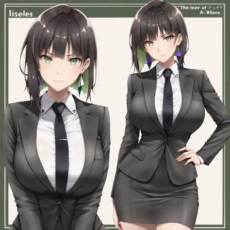 masterpiece, (((( best quality )))),character profilele,shiny skin, wearing a black suit,skirt suit, black tie , dark hair, short bob hair,The inner color of the hair is green, green eyes,isosceles triangle earrings,big breasts