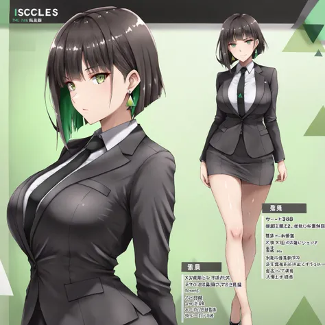 masterpiece, (((( best quality )))),character profilele,shiny skin, wearing a black suit,skirt suit, black tie , dark hair, short bob hair,The inner color of the hair is green, green eyes,isosceles triangle earrings,big breasts