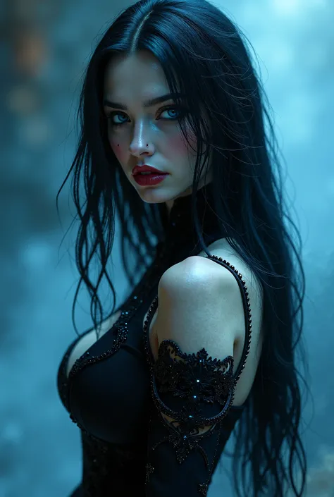  A dazzling different vampire woman with long straight hair silky shiny black eyes blue body of "Guitar" With a lot of curves  