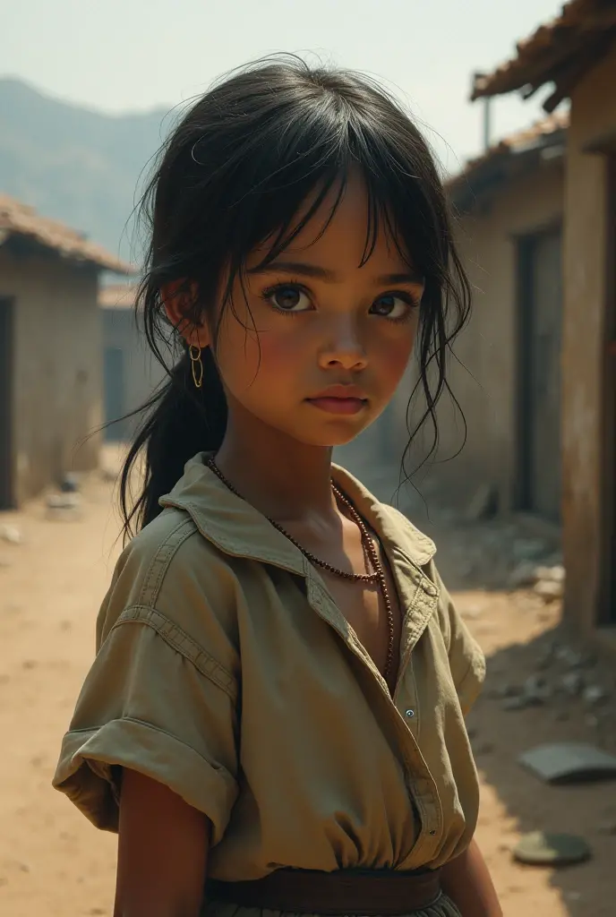 A girl in rags lives on the street at the time of the royals in a very poor neighborhood.  she looks frightened 