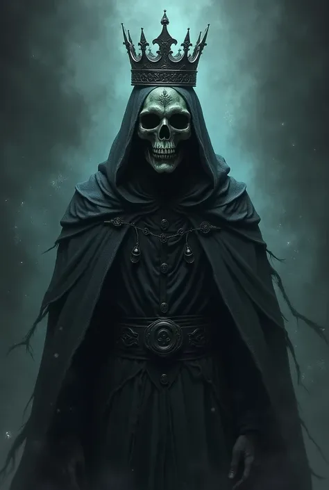 Um necromante com capuz,  wearing a skull mask , And a crown 