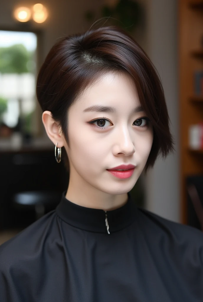 T-ara Jiyeon, asia woman, A meticulously Military Very extreme short Pixie high fade haircut , featuring sharp, clean edges and a seamless blend from the skin fade on the sides to the textured, flat top. The top section is styled with a modern Pixie, showc...