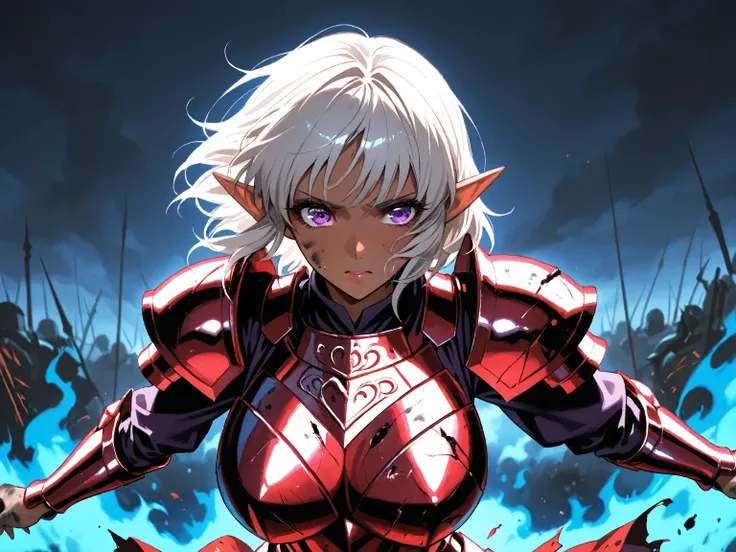 score_9,score_8_up,score_7_up,(masterpiece), ( best quality), １Dark Elf Girl , She is an archer , Dark Skin Tone,  silver hair, short hair, purple eyes, bangs ,big breasts , ((Skin is dirty with soot)) , Girl in Crested ((Shiny and beautiful ruby armor)), ...