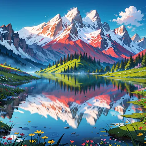 A spectacular, colorful natural scene: A lush lake at the center, serenely reflecting the surrounding nature. The lake is surrounded by lush green mountain peaks lightly covered in snow. A bright blue sky is dotted with white clouds in the background. Red,...