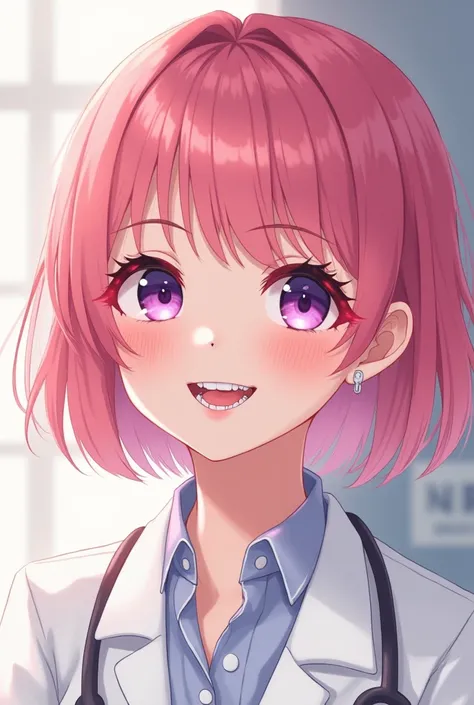 Make a woman with short pink hair,  Violet Eyes, very rosy cheeks and white skin. She is smiling showing a brace on her teeth and a white coat. More realistic anime style 