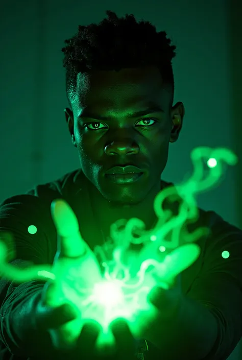 Young black man using neon green energy magic ,  his eyes turn green and his fingertips glow neon green